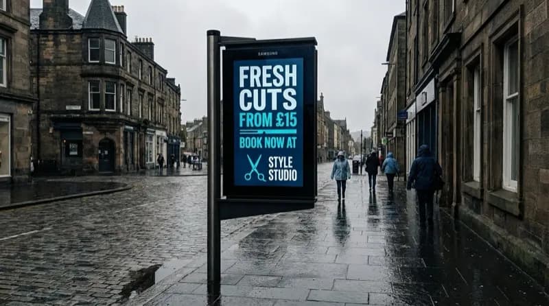 Local barber shop promotion on a Scottish street screen