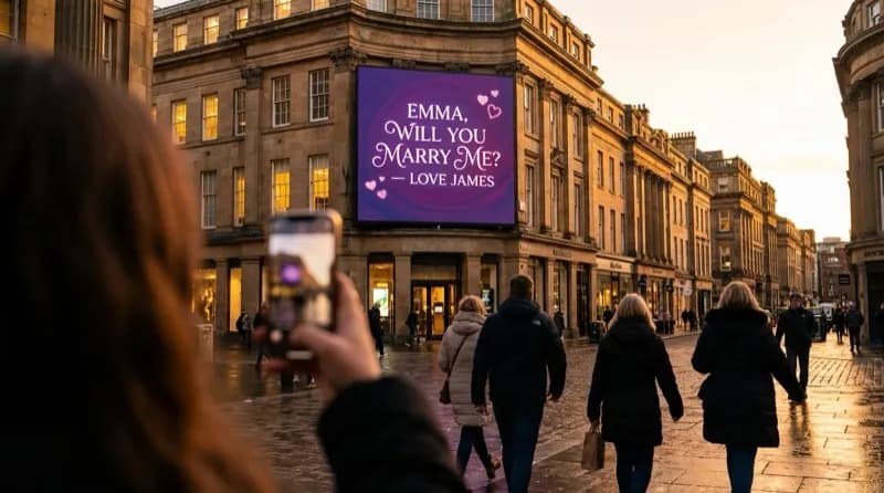 Marriage proposal displayed on a city centre screen