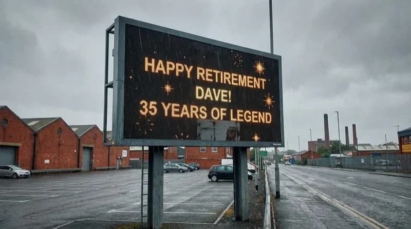 Retirement celebration message on an industrial estate billboard
