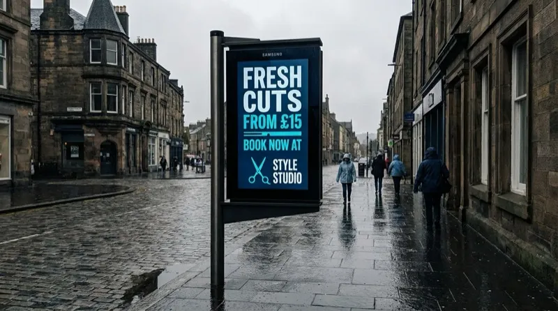 Local barber shop promotion on a Scottish street screen